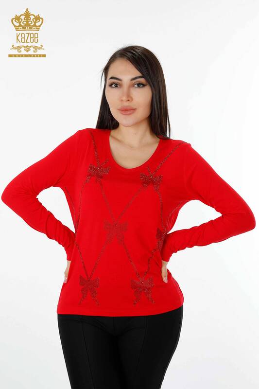 Wholesale Women's Blouse Patterned Red - 79003 | KAZEE