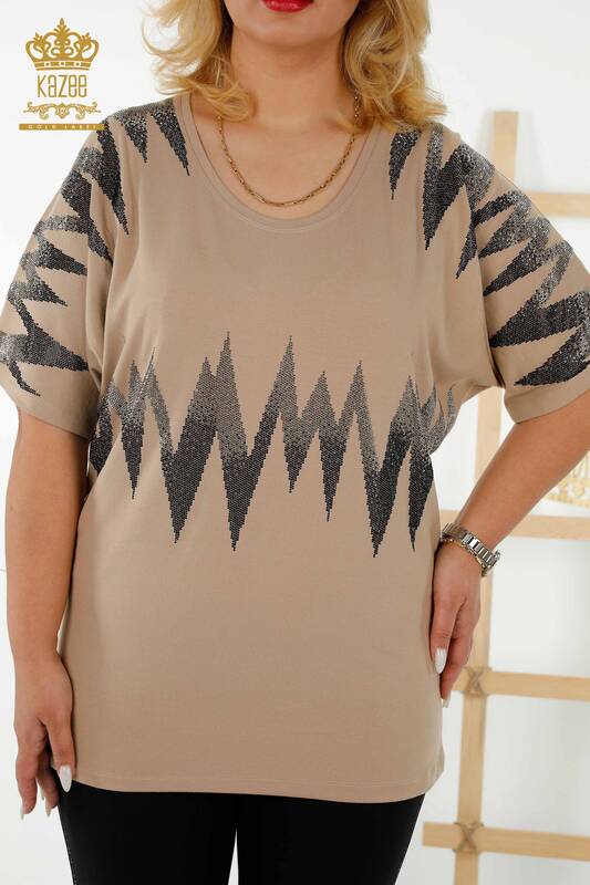 Wholesale Women's Blouse Patterned Short Sleeve Beige - 79109 | KAZEE