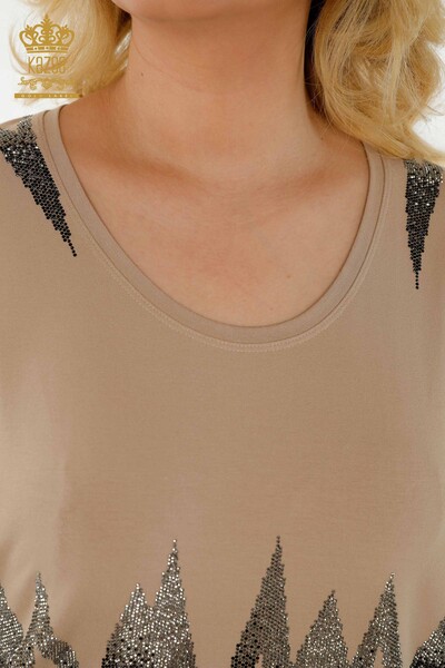 Wholesale Women's Blouse Patterned Short Sleeve Beige - 79109 | KAZEE - Thumbnail