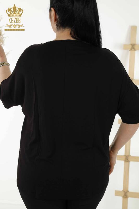 Wholesale Women's Blouse - Patterned - Short Sleeve - Black - 79060 | KAZEE