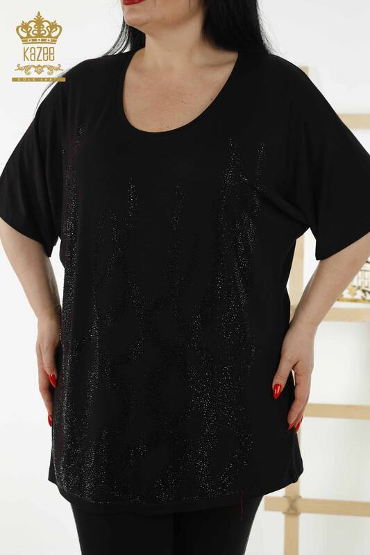 Wholesale Women's Blouse - Patterned - Short Sleeve - Black - 79070 | KAZEE