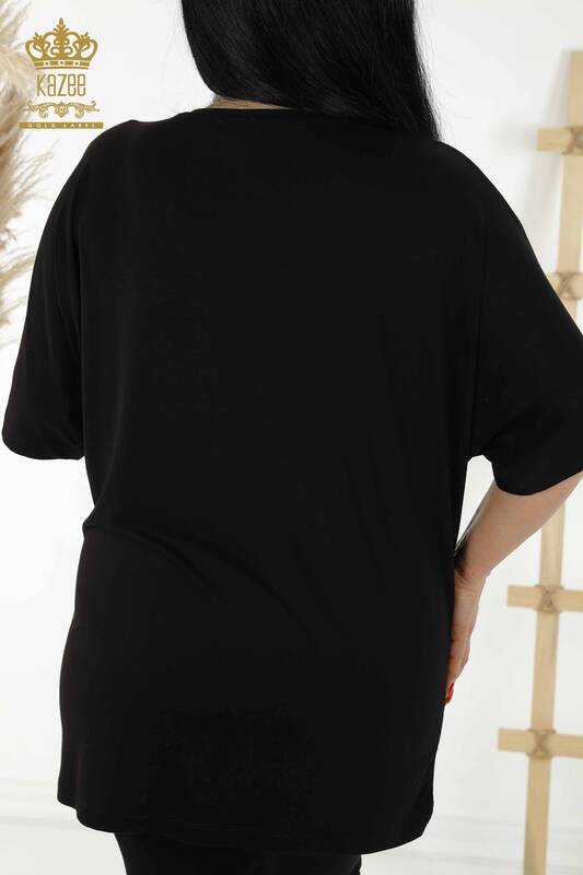 Wholesale Women's Blouse - Patterned - Short Sleeve - Black - 79070 | KAZEE