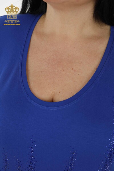 Wholesale Women's Blouse - Patterned - Short Sleeve - Dark Blue - 79070 | KAZEE - Thumbnail