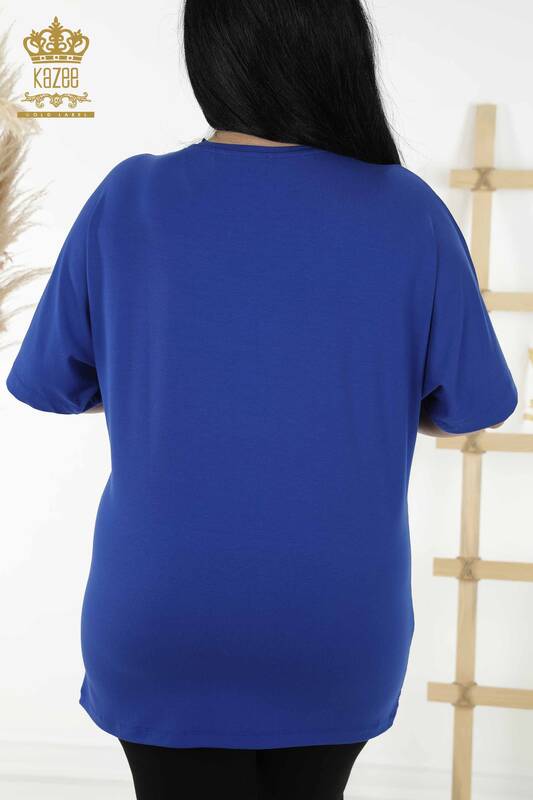 Wholesale Women's Blouse - Patterned - Short Sleeve - Dark Blue - 79070 | KAZEE