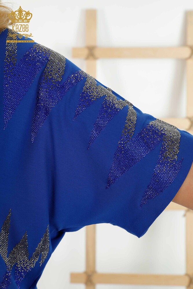 Wholesale Women's Blouse Patterned Short Sleeve Dark Blue - 79109 | KAZEE - 5