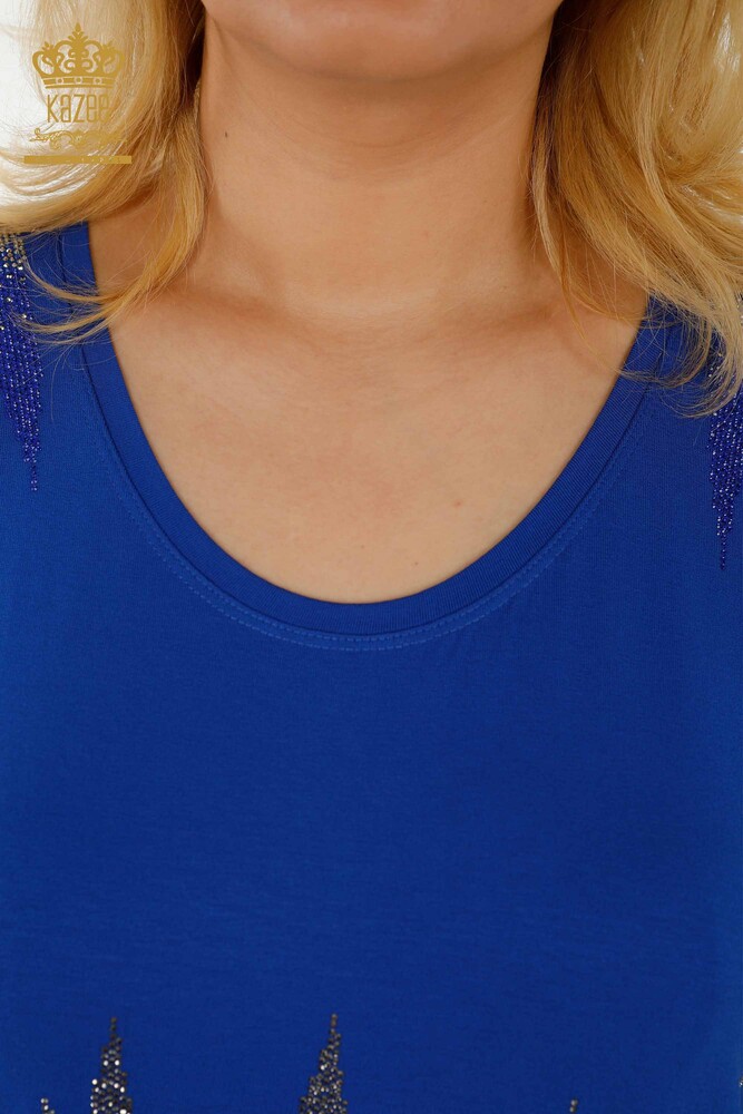 Wholesale Women's Blouse Patterned Short Sleeve Dark Blue - 79109 | KAZEE - 6