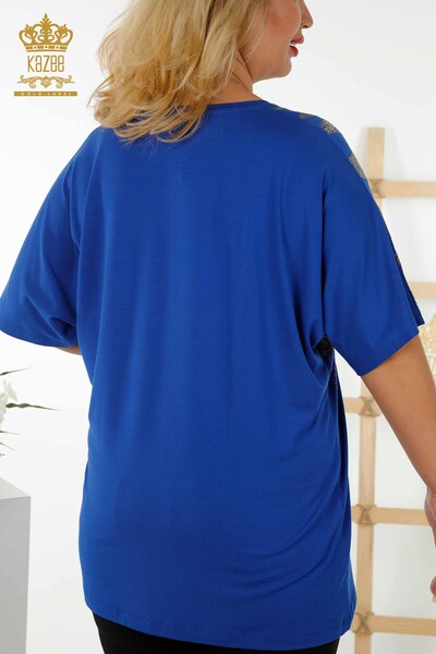 Wholesale Women's Blouse Patterned Short Sleeve Dark Blue - 79109 | KAZEE - 7