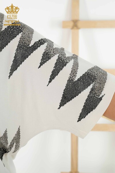 Wholesale Women's Blouse Patterned Short Sleeve Ecru - 79109 | KAZEE - 4