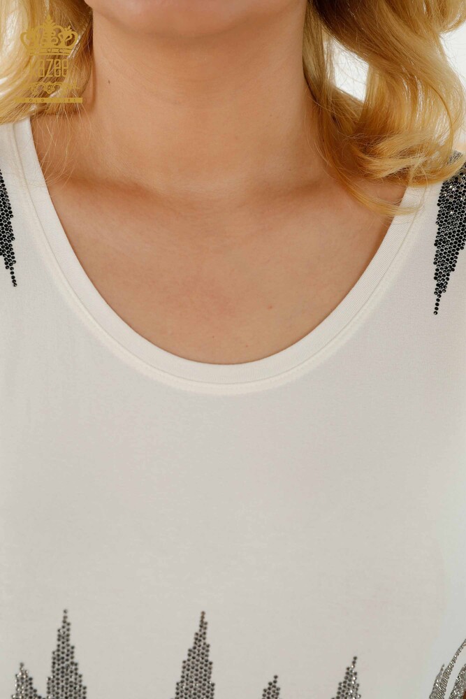 Wholesale Women's Blouse Patterned Short Sleeve Ecru - 79109 | KAZEE - 5