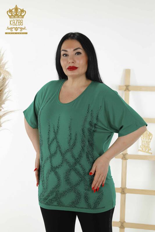 Wholesale Women's Blouse - Patterned - Short Sleeve - Green - 79070 | KAZEE