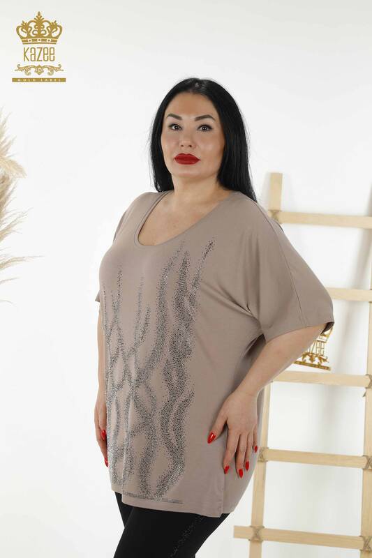 Wholesale Women's Blouse - Patterned - Short Sleeve - Mink - 79070 | KAZEE