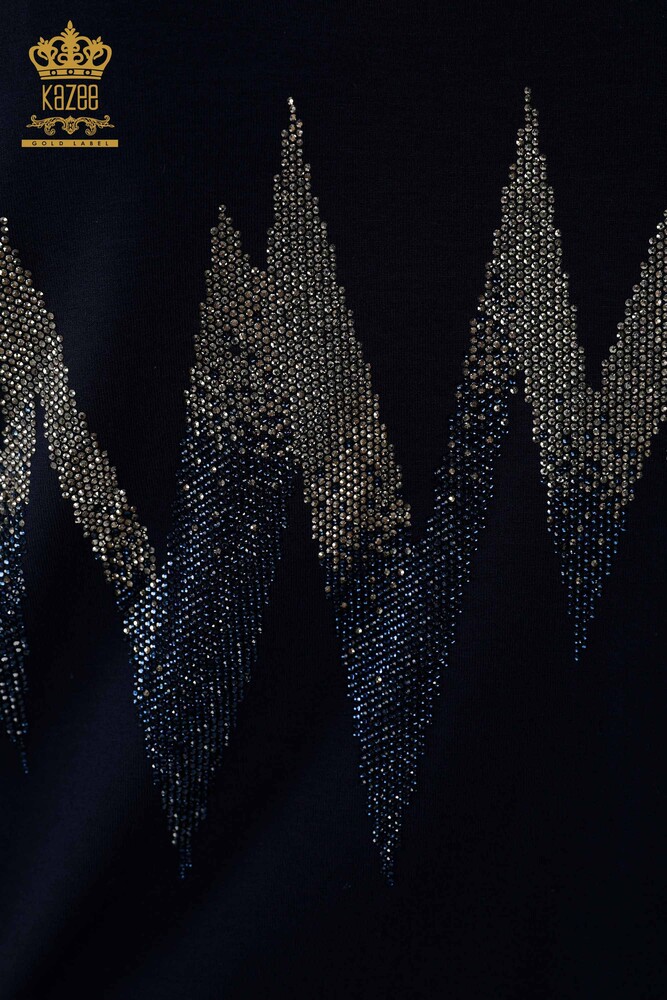 Wholesale Women's Blouse Patterned Short Sleeve - Navy Blue - 79109 | KAZEE - 3