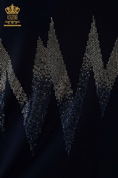 Wholesale Women's Blouse Patterned Short Sleeve - Navy Blue - 79109 | KAZEE - 3