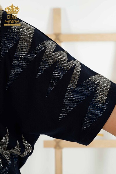 Wholesale Women's Blouse Patterned Short Sleeve - Navy Blue - 79109 | KAZEE - 4