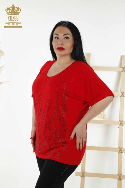 Wholesale Women's Blouse Patterned Short Sleeve - Red - 79070 | KAZEE - Thumbnail