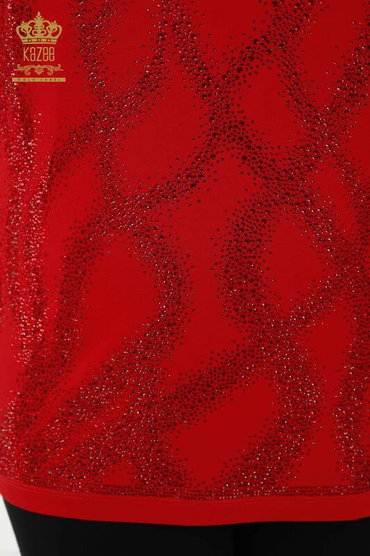 Wholesale Women's Blouse Patterned Short Sleeve - Red - 79070 | KAZEE