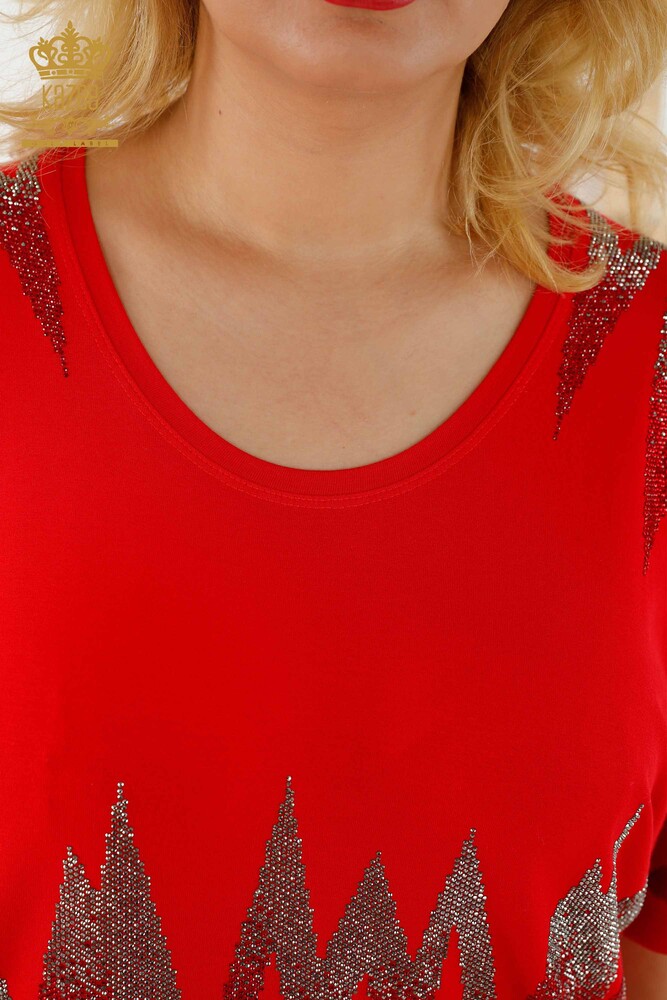 Wholesale Women's Blouse Patterned Short Sleeve Red - 79109 | KAZEE - 5