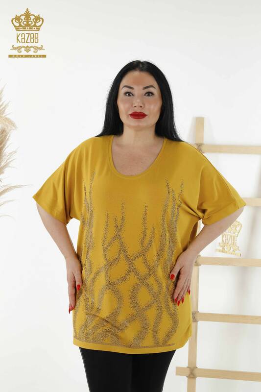 Wholesale Women's Blouse Patterned Short Sleeve Saffron - 79070 | KAZEE