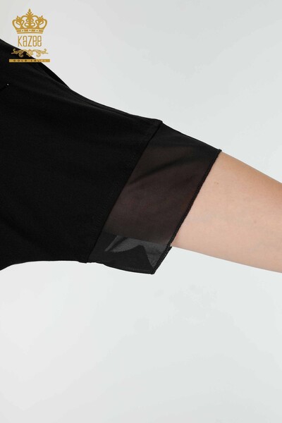 Wholesale Women's Blouse Patterned Tulle Detailed Black - 79027 | KAZEE - Thumbnail