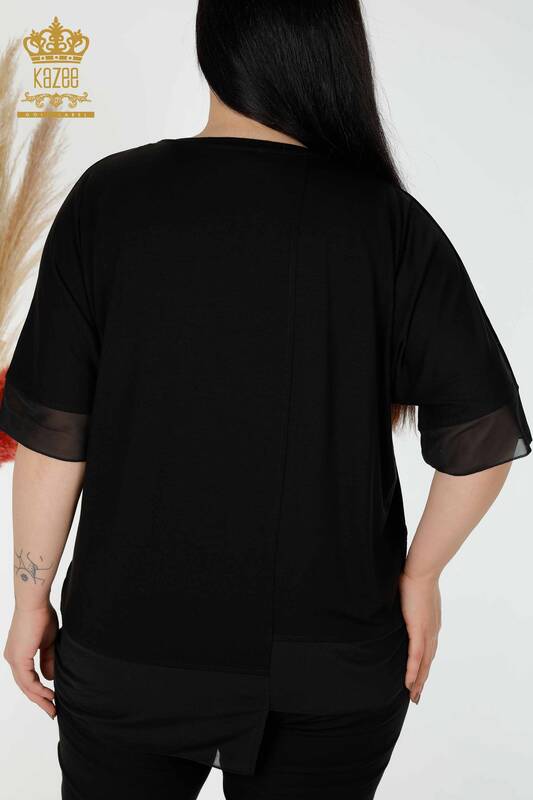 Wholesale Women's Blouse Patterned Tulle Detailed Black - 79027 | KAZEE