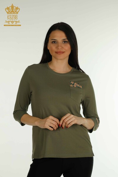 Wholesale Women's Blouse with Pocket Detail Khaki - 79477 | KAZEE - Thumbnail
