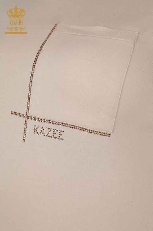 Wholesale Women's Blouse - Pocket Short Sleeve Beige - 79234 | KAZEE