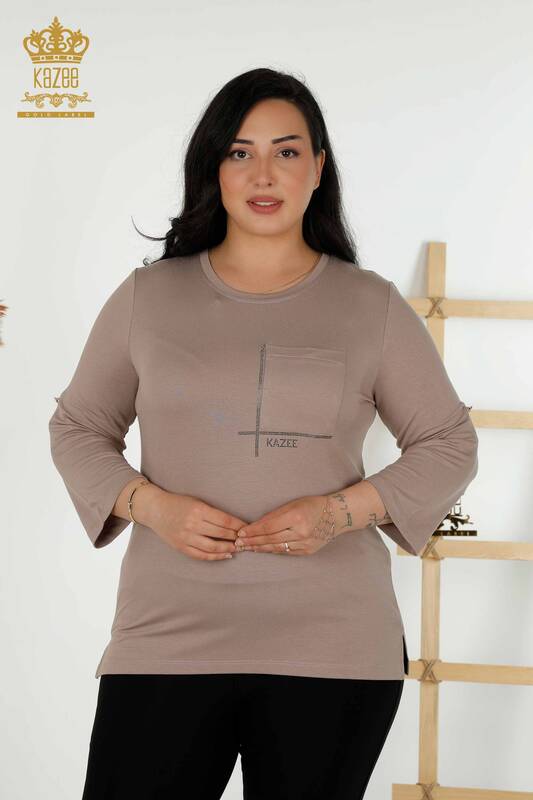 Wholesale Women's Blouse - Pocket - Short Sleeve - Mink - 79234 | KAZEE