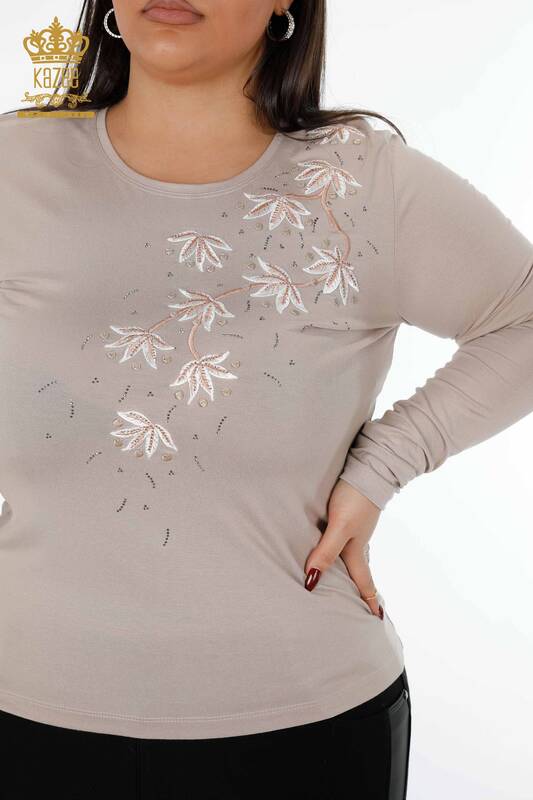 Wholesale Women's Blouse Polka Dot Flower Patterned Stone Embroidered - 79009 | KAZEE