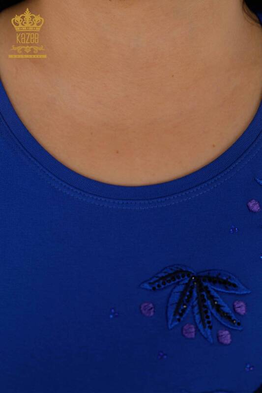 Wholesale Women's Blouse Polka Dot Flower Patterned Stone Embroidered - 79009 | KAZEE