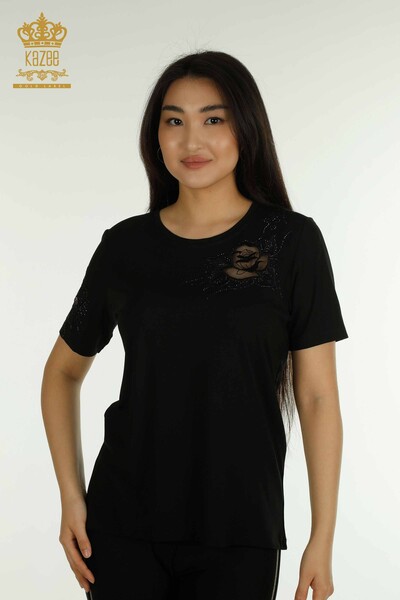 Wholesale Women's Blouse Rose Embroidered Black - 79541 | KAZEE - Thumbnail