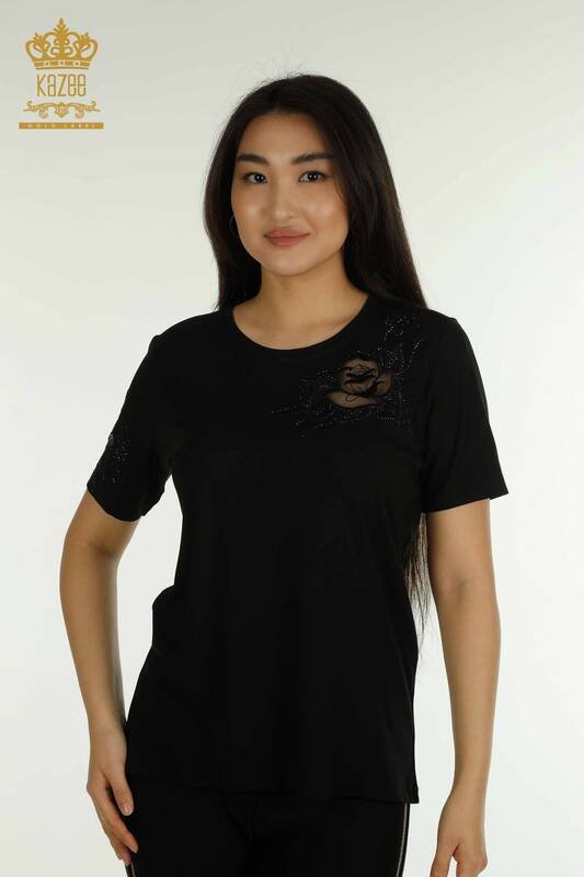 Wholesale Women's Blouse Rose Embroidered Black - 79541 | KAZEE