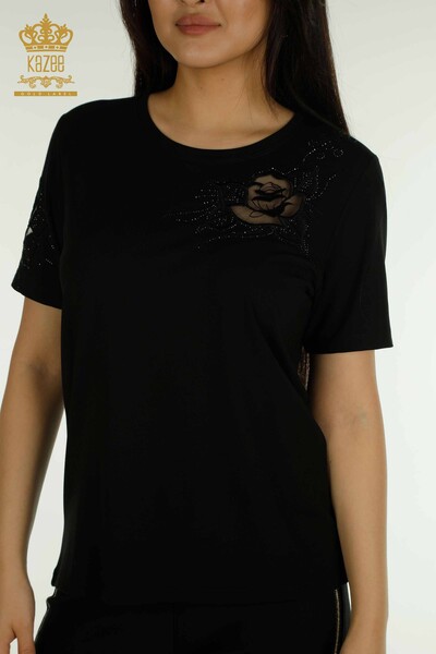 Kazee - Wholesale Women's Blouse Rose Embroidered Black - 79541 | KAZEE (1)