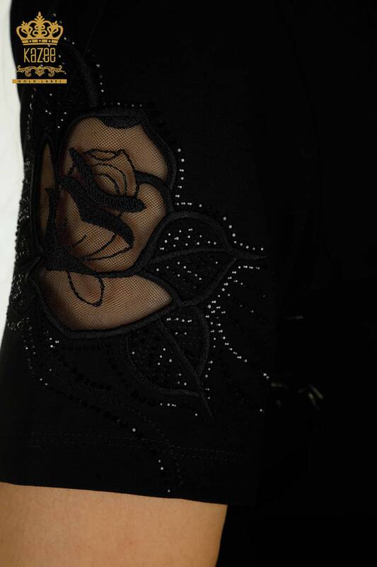 Wholesale Women's Blouse Rose Embroidered Black - 79541 | KAZEE