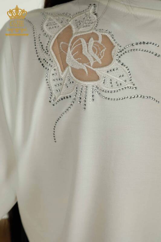 Wholesale Women's Blouse Rose Embroidered Ecru - 79541 | KAZEE