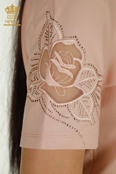 Wholesale Women's Blouse Rose Embroidered Powder - 79541 | KAZEE - Thumbnail
