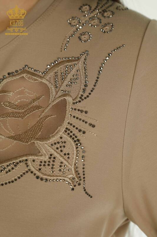 Wholesale Women's Blouse Rose Embroidered Beige - 79541 | KAZEE
