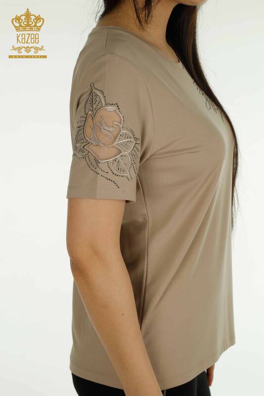 Wholesale Women's Blouse Rose Embroidered Beige - 79541 | KAZEE