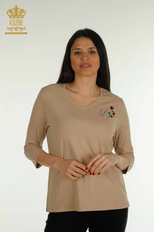 Wholesale Women's Blouse Rose Embroidered Beige - 79867 | KAZEE