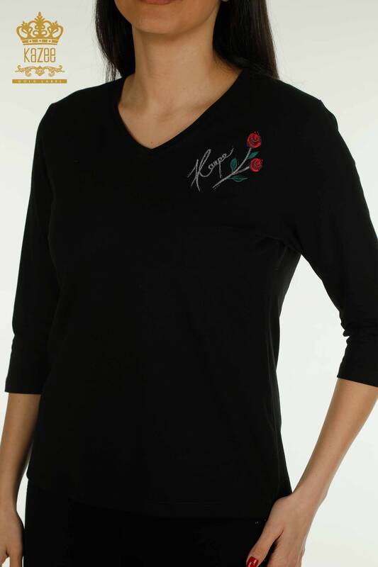 Wholesale Women's Blouse Rose Embroidered Black - 79867 | KAZEE