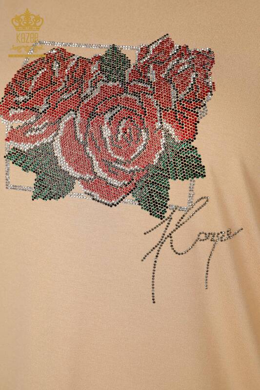 Wholesale Women's Blouse Rose Patterned Beige - 78951 | KAZEE