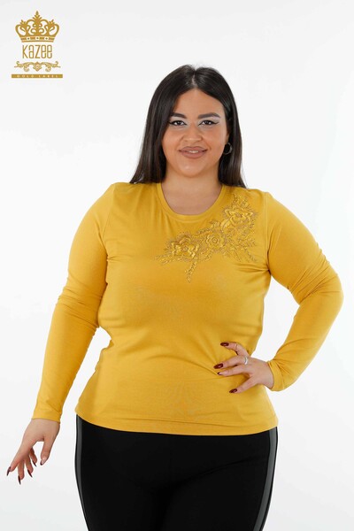 Wholesale Women's Blouse Rose Patterned Crew Neck Stone Embroidered - 79004 | KAZEE - 1