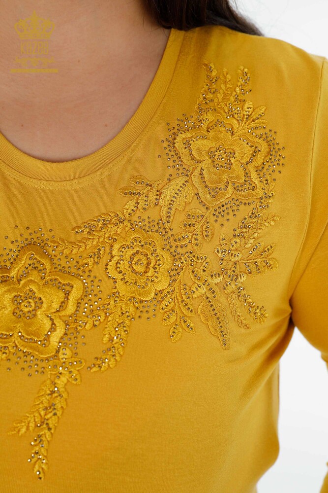 Wholesale Women's Blouse Rose Patterned Crew Neck Stone Embroidered - 79004 | KAZEE - 3