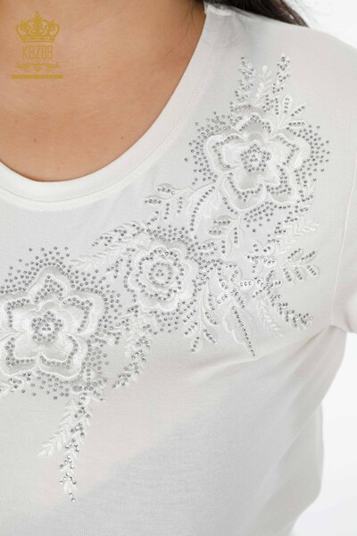 Wholesale Women's Blouse Rose Patterned Crew Neck Stone Embroidered - 79004 | KAZEE - 8