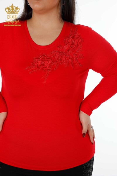 Wholesale Women's Blouse Rose Patterned Crew Neck Stone Embroidered - 79004 | KAZEE - 21