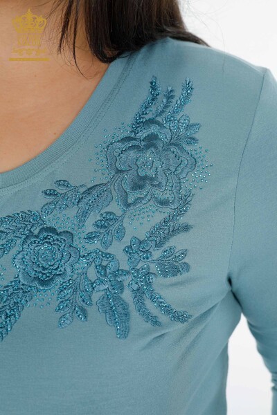 Wholesale Women's Blouse Rose Patterned Crew Neck Stone Embroidered - 79004 | KAZEE - Thumbnail