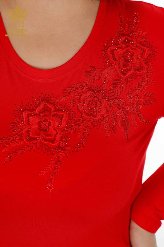 Wholesale Women's Blouse Rose Patterned Crew Neck Stone Embroidered - 79004 | KAZEE