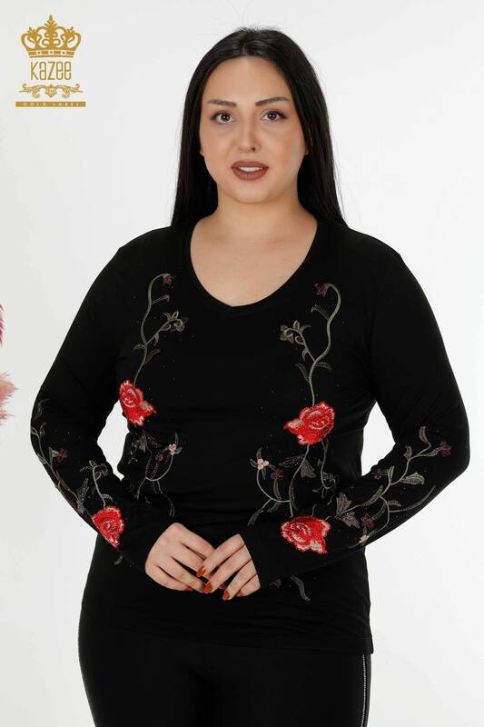 Wholesale Women's Blouse Rose Pattern Black - 79044 | KAZEE