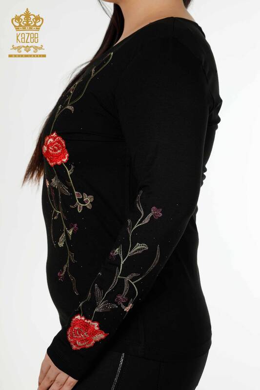Wholesale Women's Blouse Rose Pattern Black - 79044 | KAZEE