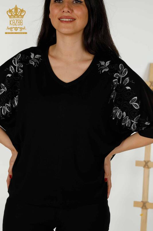 Wholesale Women's Blouse - Rose Pattern - Black - 79095 | KAZEE