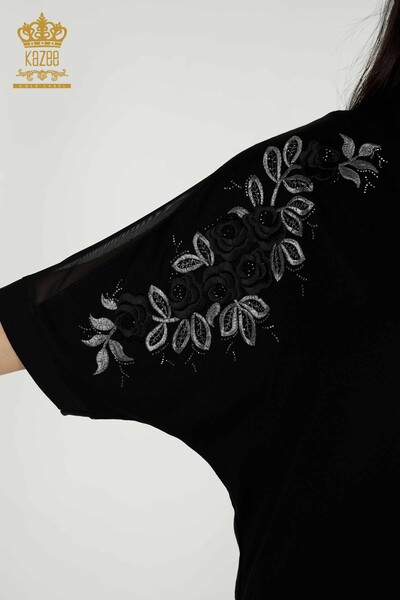 Wholesale Women's Blouse - Rose Pattern - Black - 79095 | KAZEE - Thumbnail